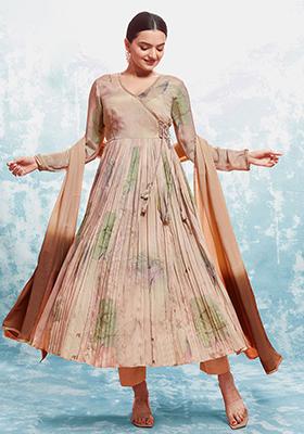 Peach Printed Chinon Kurta Set