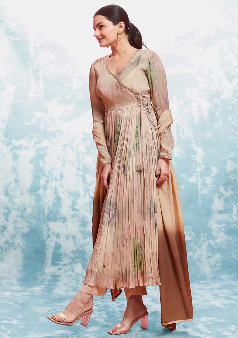 Peach Printed Chinon Kurta Set