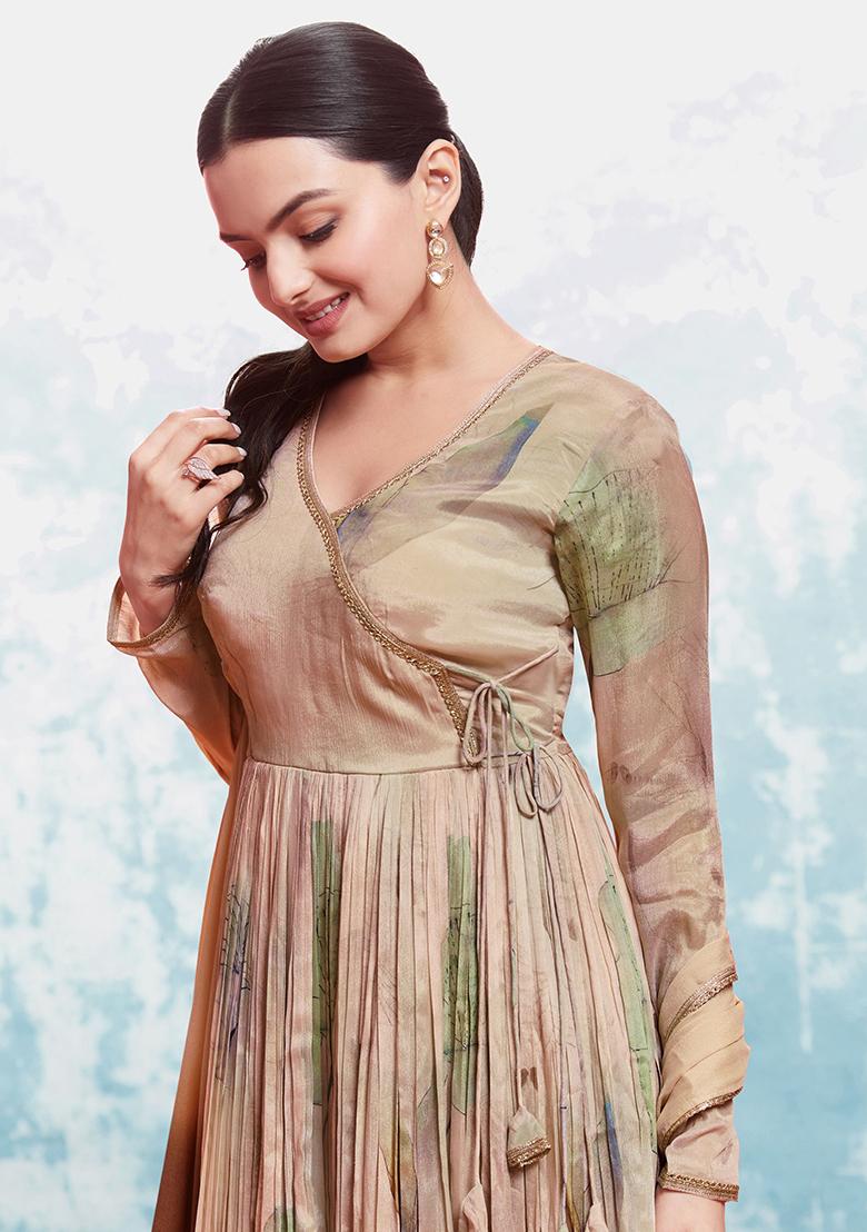 Peach Printed Chinon Kurta Set