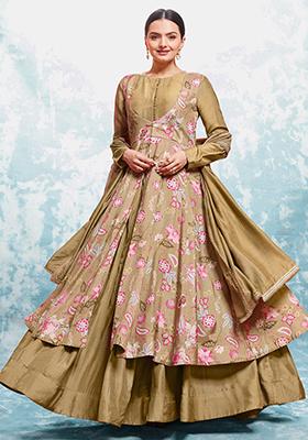 Brown Printed Georgette Anarkali Set