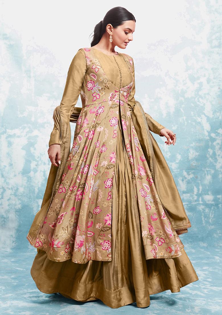 Brown Printed Georgette Anarkali Set