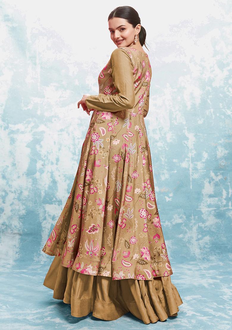 Brown Printed Georgette Anarkali Set