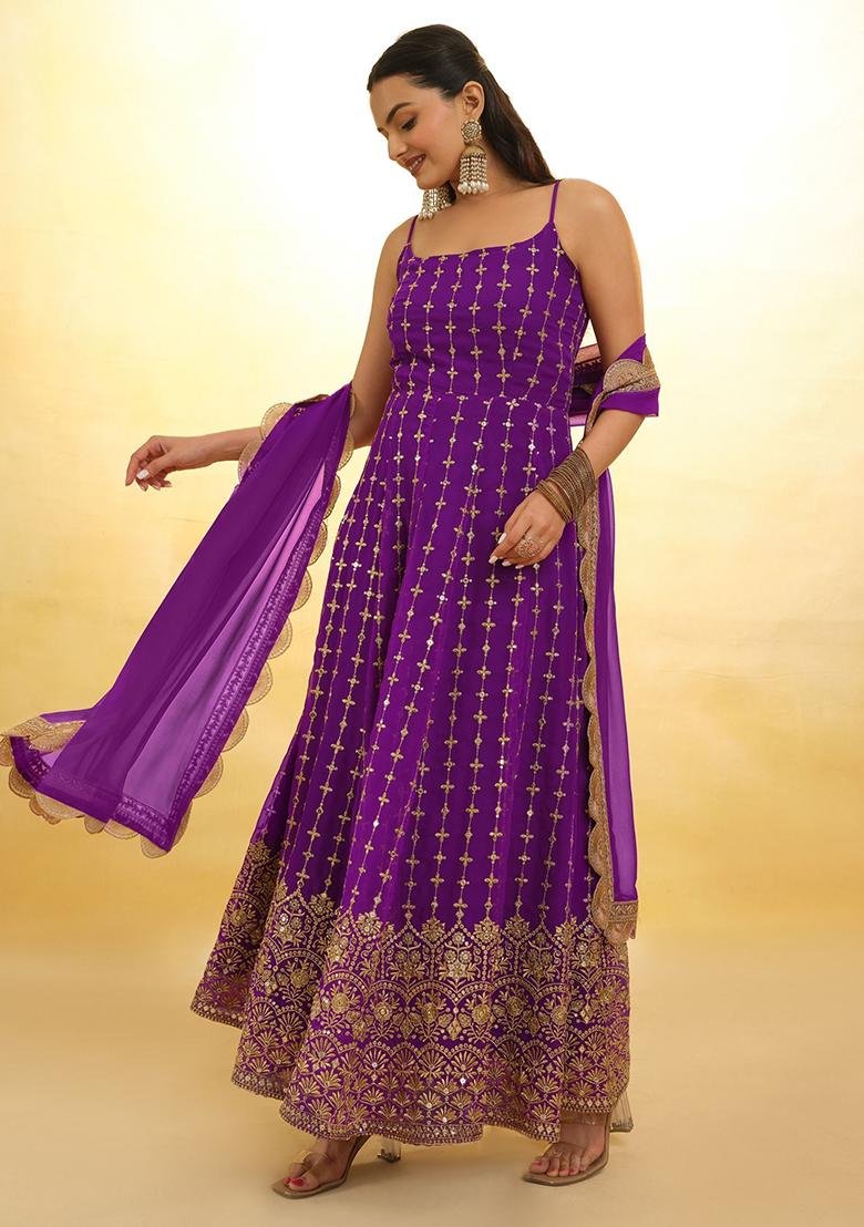 Purple Embroidered Georgette Kurta Set
