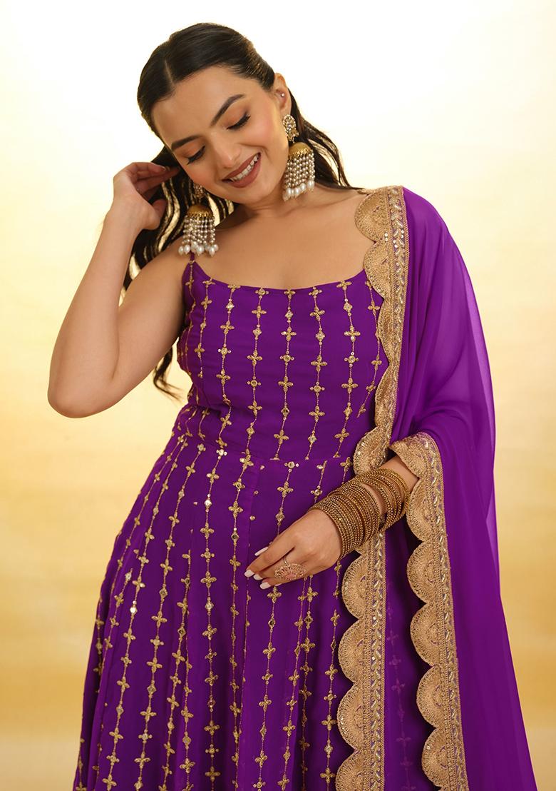 Purple Embroidered Georgette Kurta Set