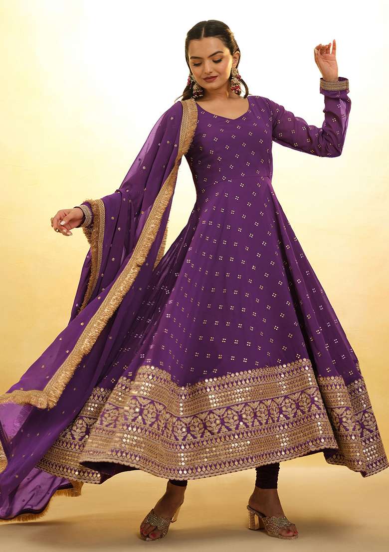 Purple Embroidered Georgette Kurta Set - Indya
