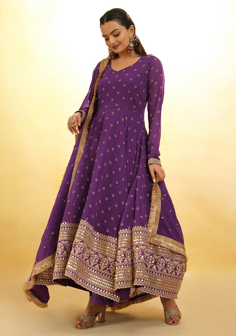 Purple Embroidered Georgette Kurta Set