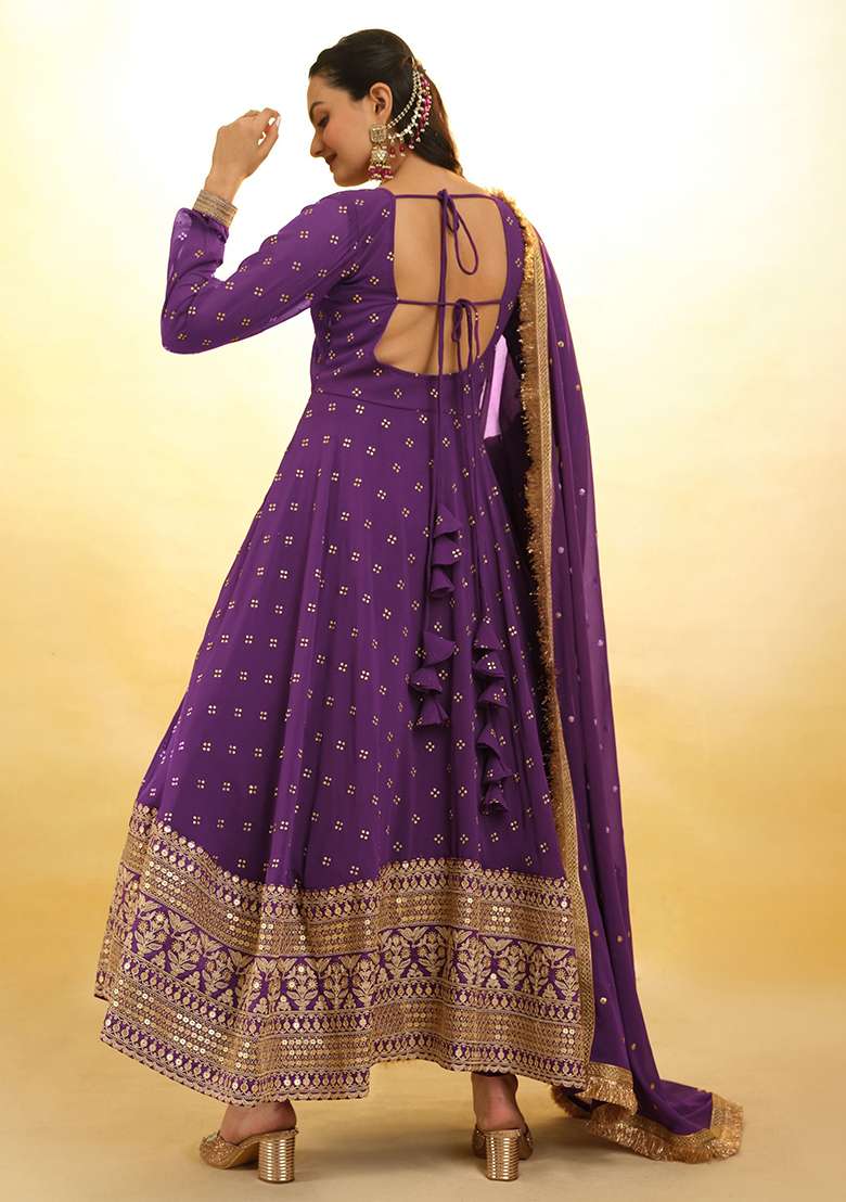 Purple Embroidered Georgette Kurta Set - Indya