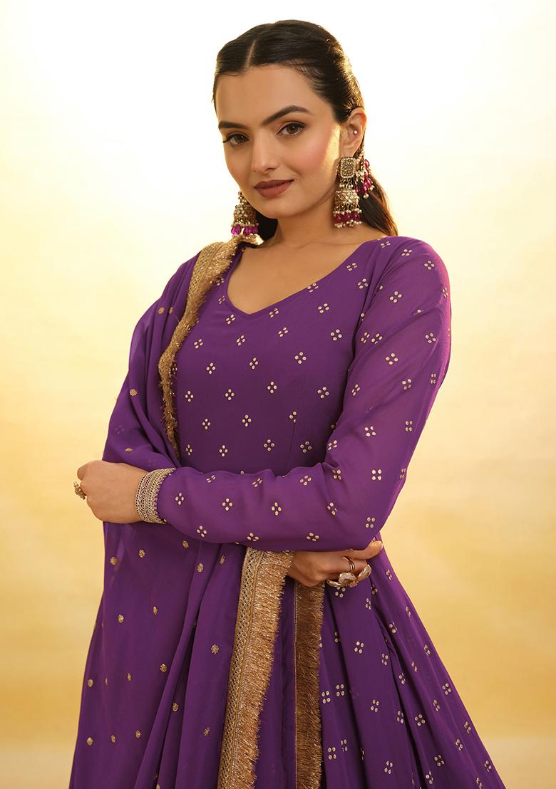 Purple Embroidered Georgette Kurta Set