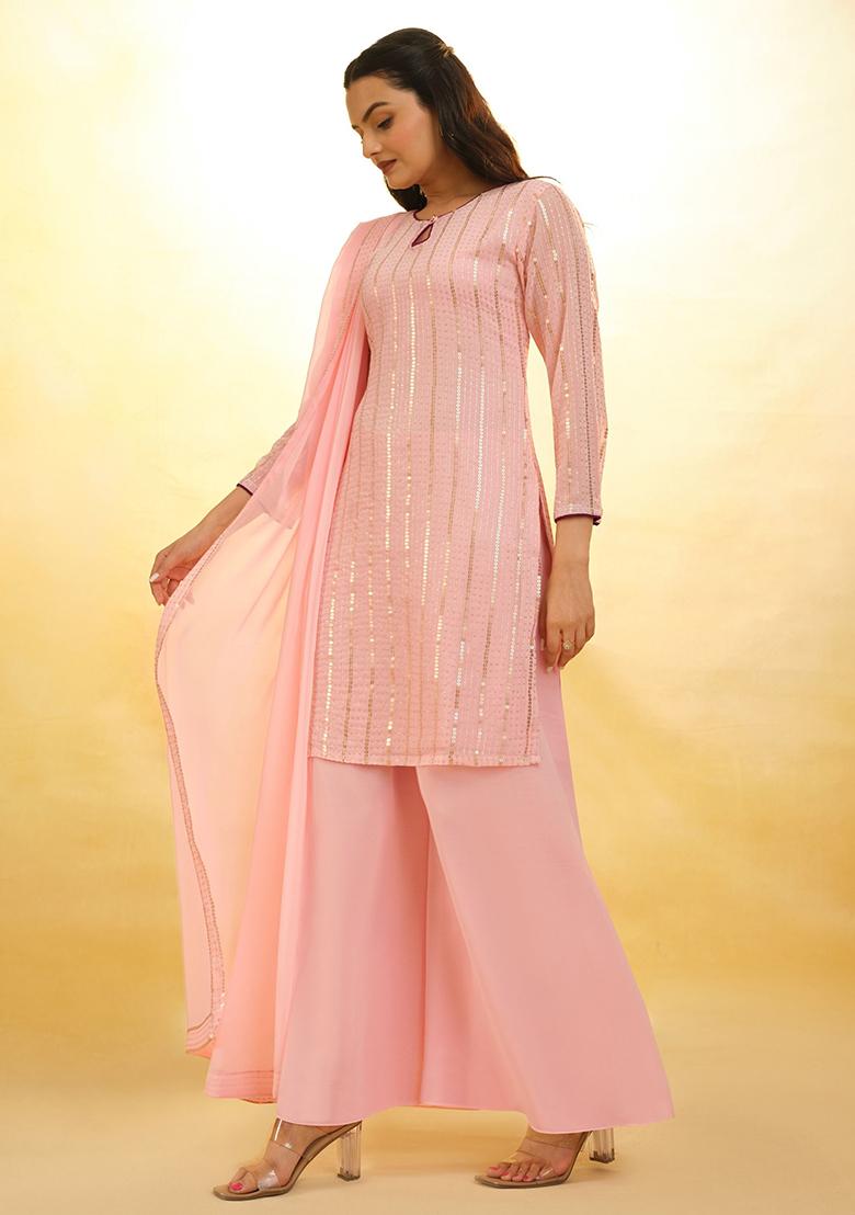 Pink Sequin Embroidered Georgette Kurta Set