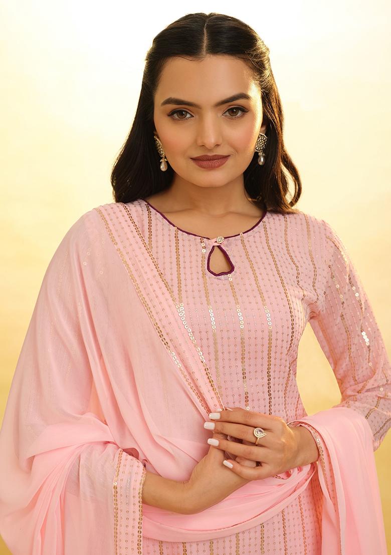 Pink Sequin Embroidered Georgette Kurta Set