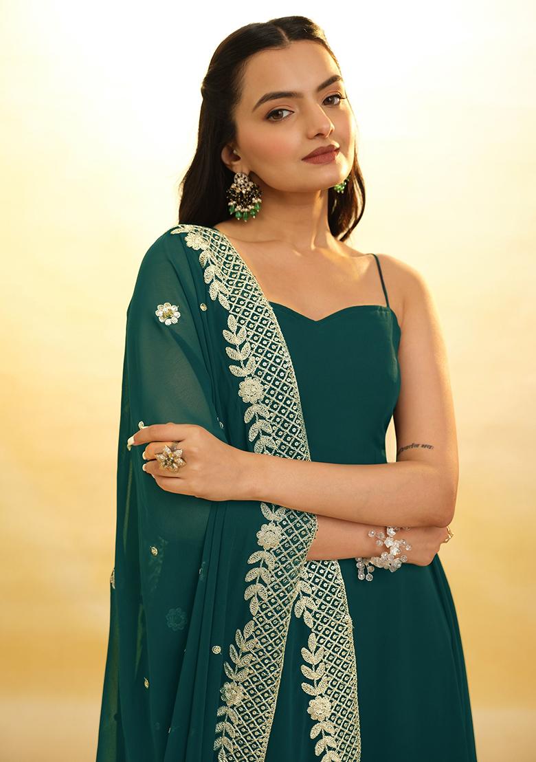 Green Embroidered Georgette Kurta Set