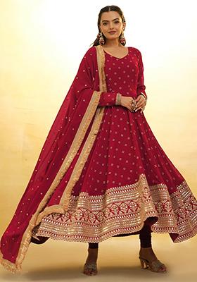 Red Embroidered Georgette Kurta Set