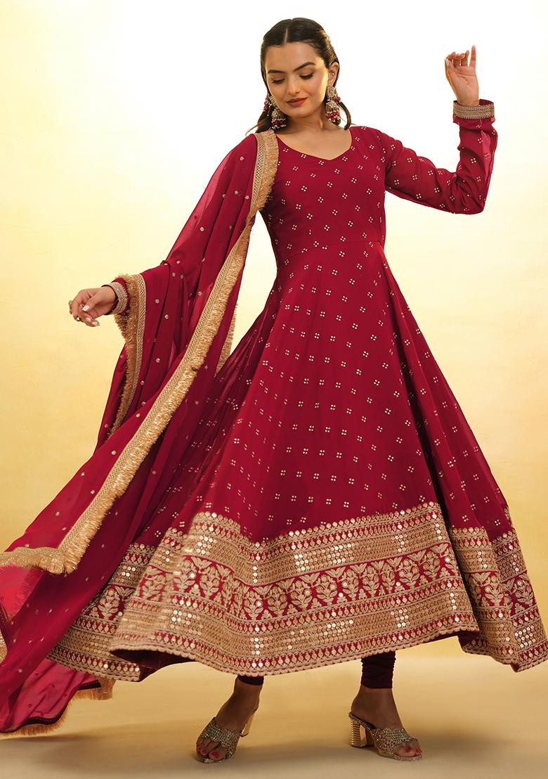 Red Embroidered Georgette Kurta Set