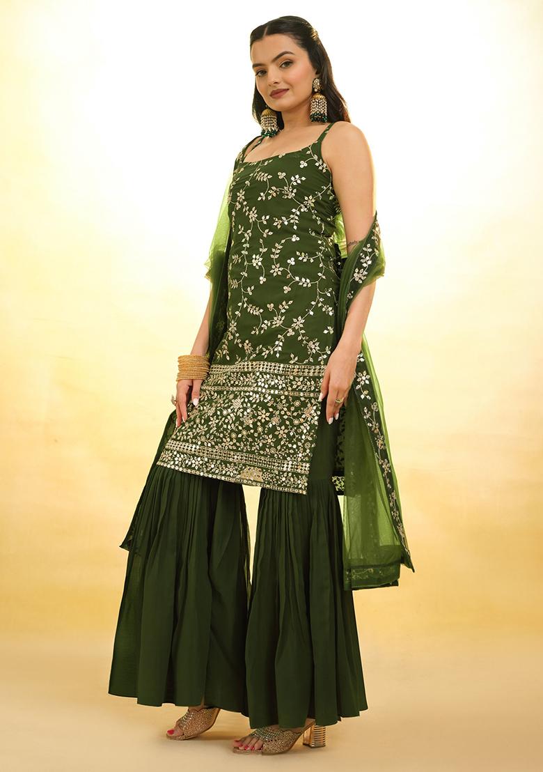 Green Embroidered Georgette Kurta Set