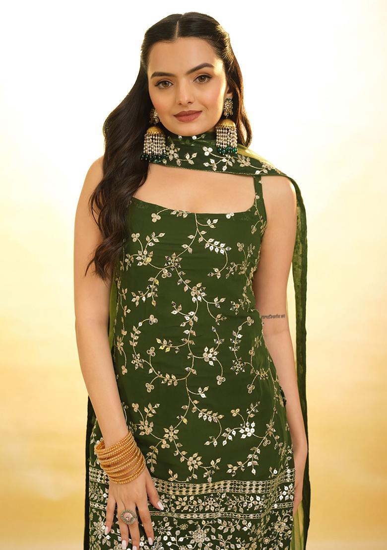 Green Embroidered Georgette Kurta Set