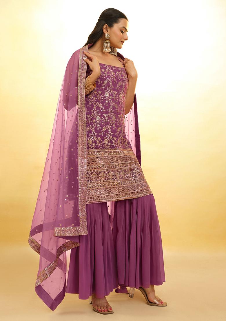 Purple Embroidered Georgette Kurta Set