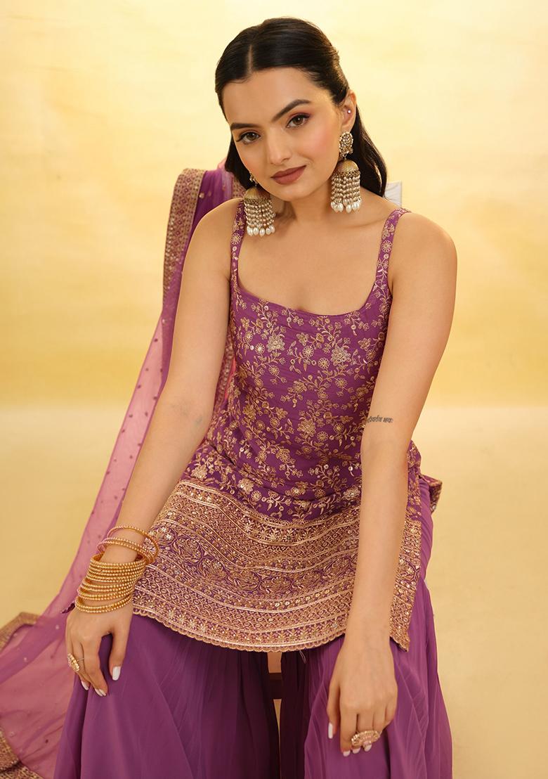 Purple Embroidered Georgette Kurta Set