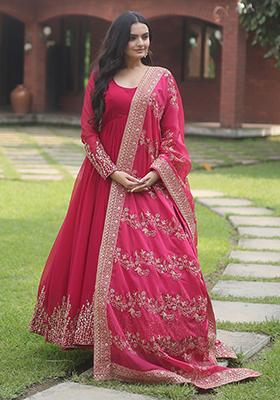 Pink Embroidered Georgette Anarkali Set
