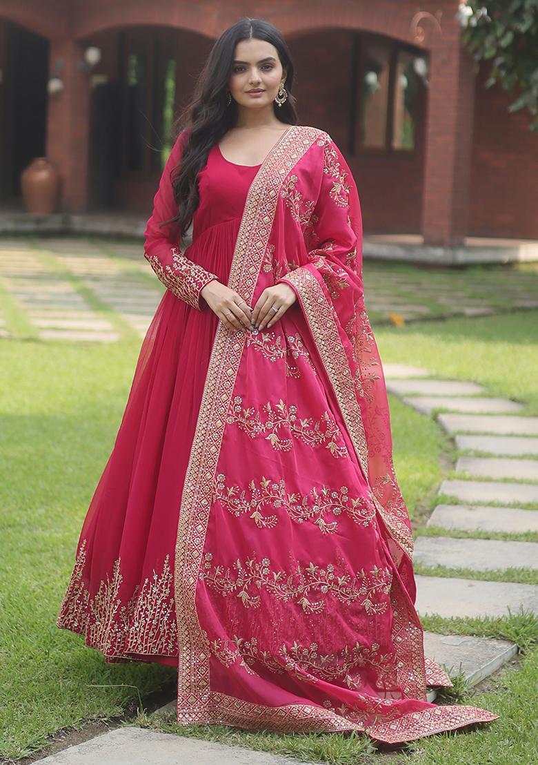 Pink Embroidered Georgette Anarkali Set