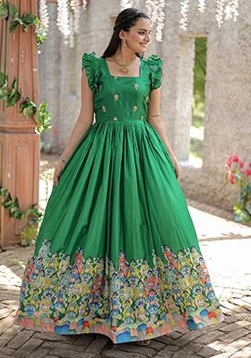 Green Digital Print Silk Anarkali Set