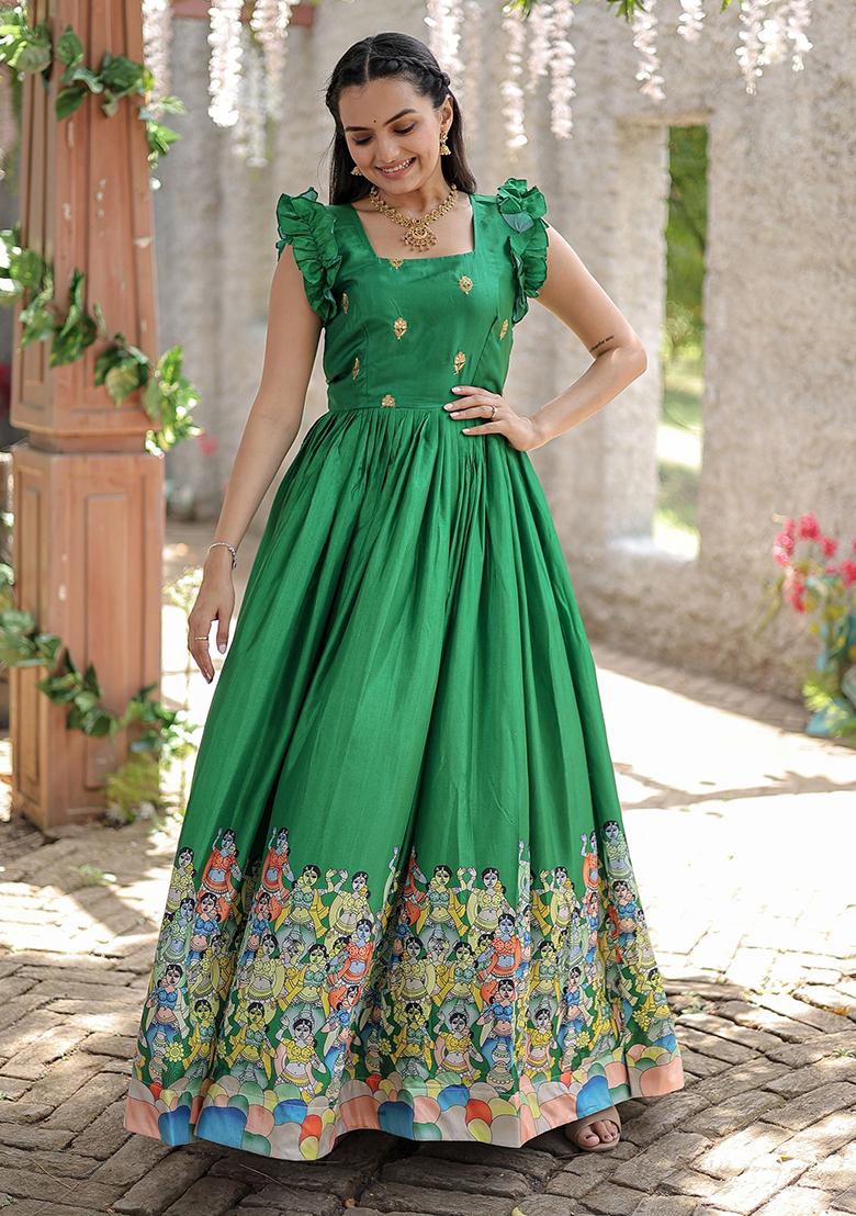 Green Digital Print Silk Anarkali Set