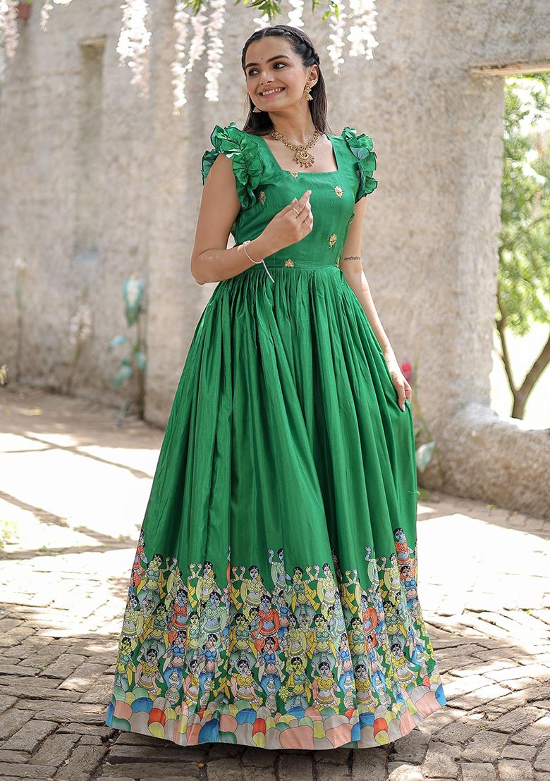 Green Digital Print Silk Anarkali Set