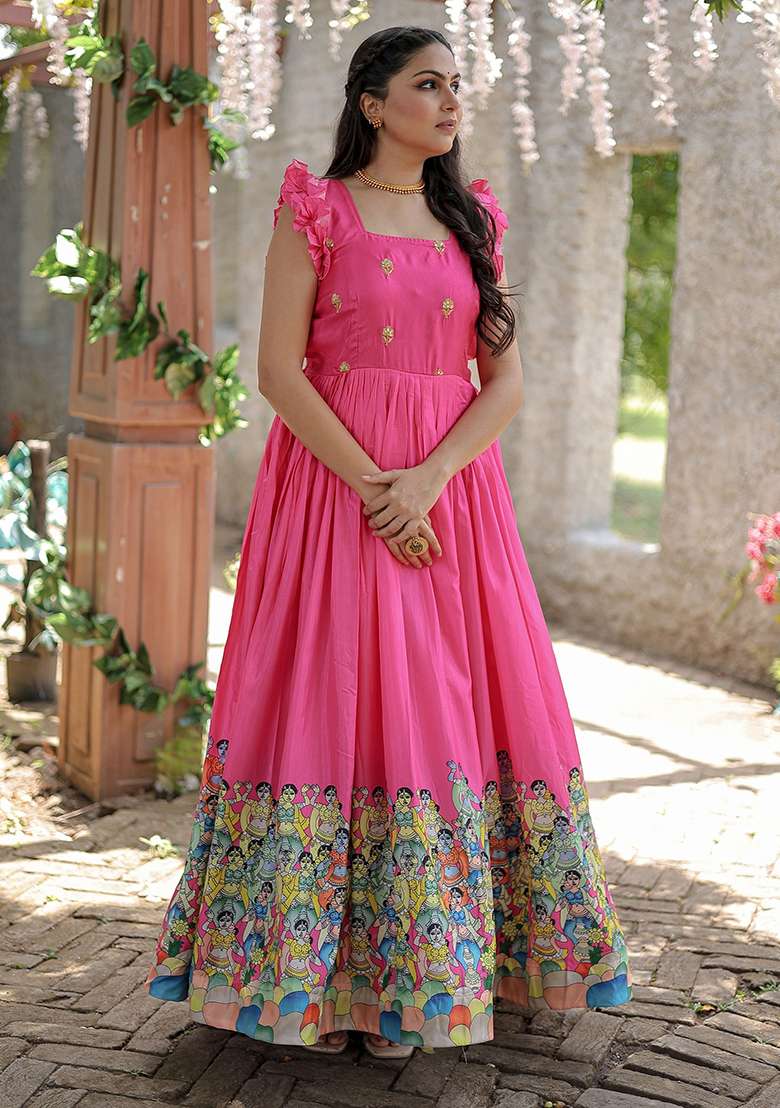Pink Digital Print Silk Anarkali With Dupatta - Indya