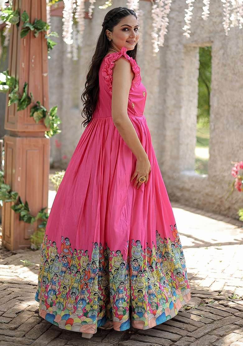 Pink Digital Print Silk Anarkali With Dupatta - Indya