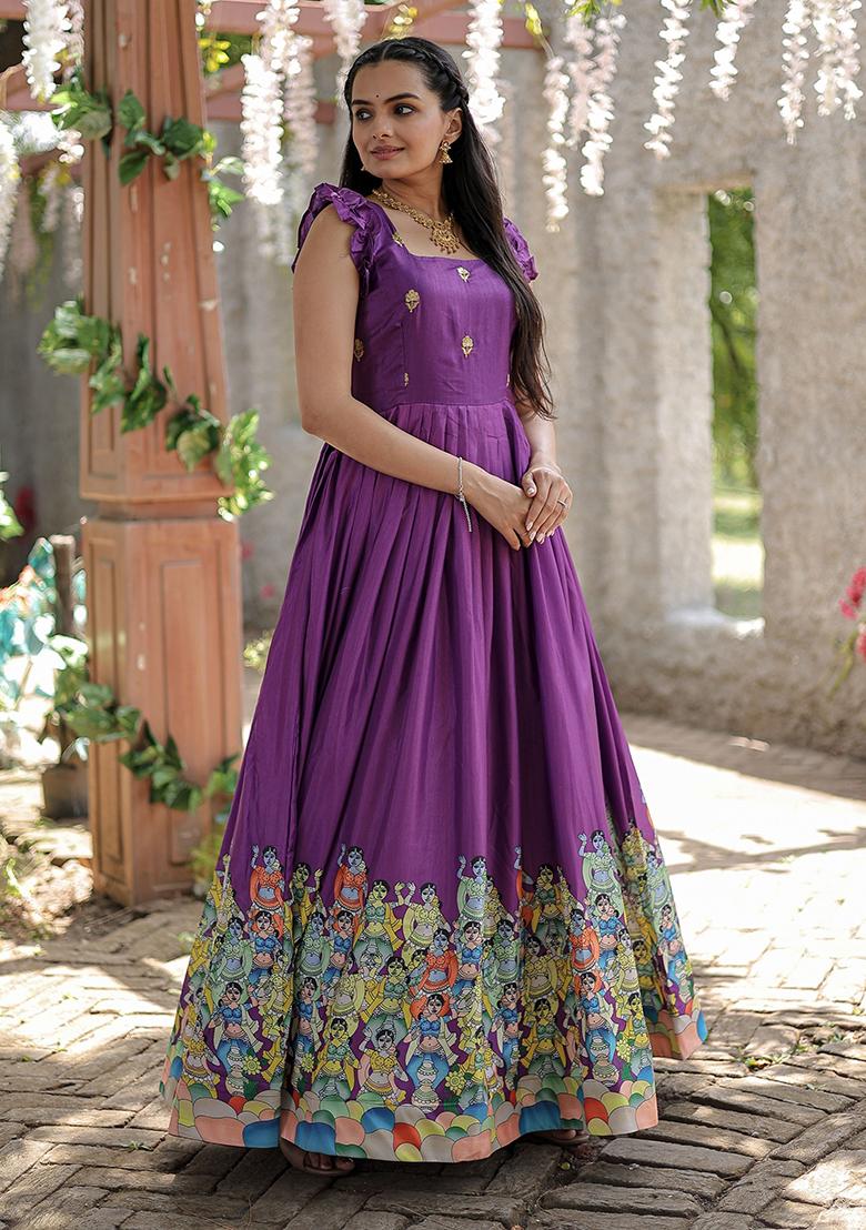 Purple Digital Print Silk Anarkali Set