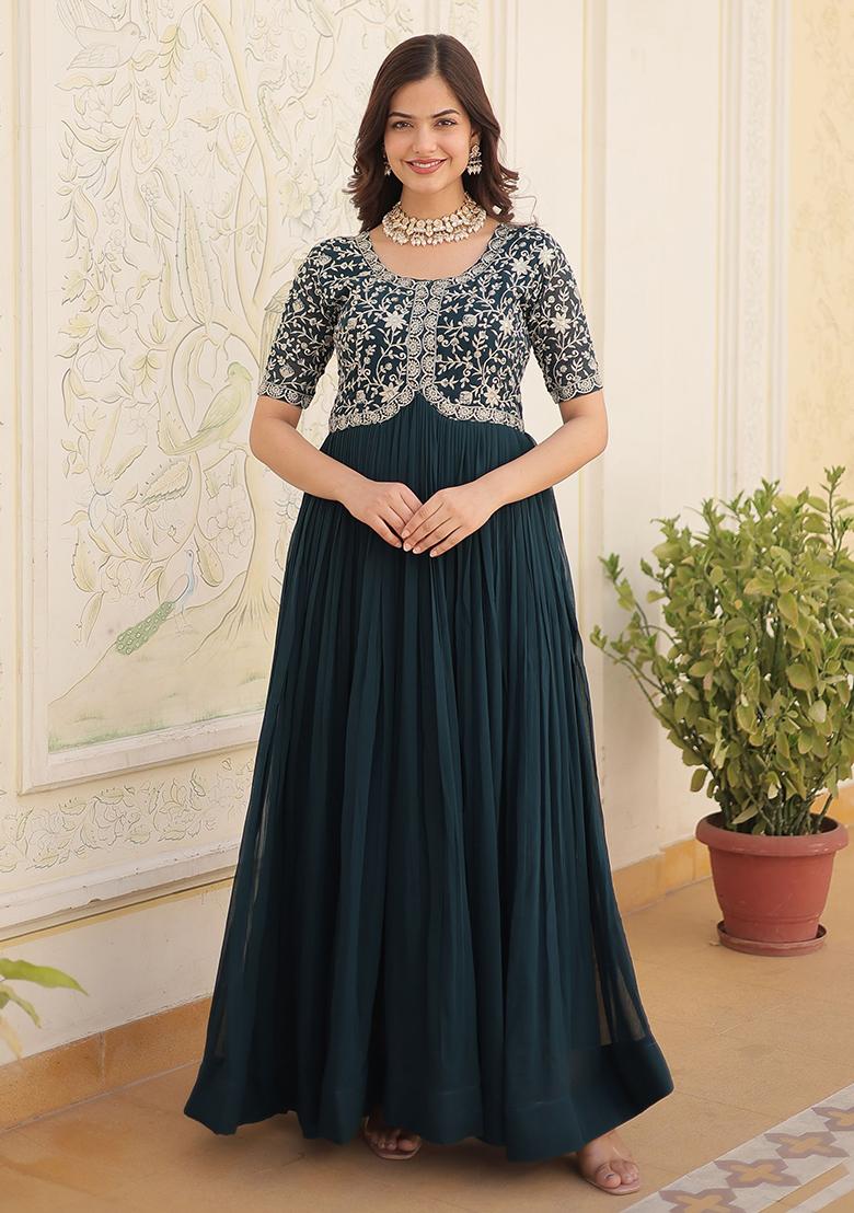 Blue Embroidered Georgette Anarkali Set