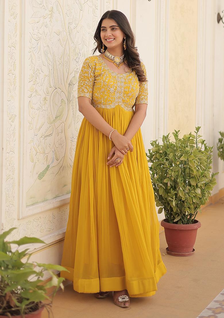 Yellow Embroidered Georgette Anarkali Set