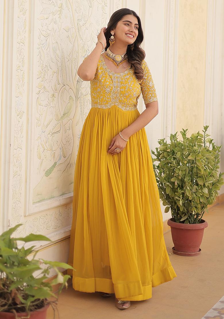 Yellow Embroidered Georgette Anarkali Set