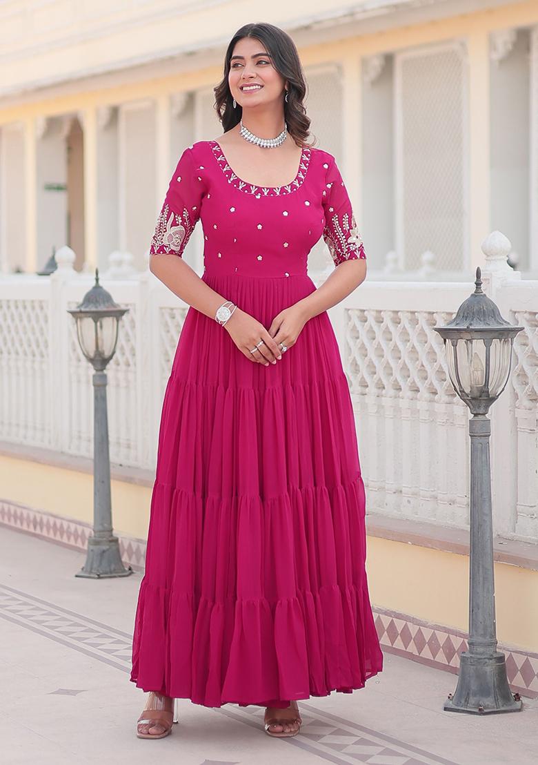 Pink Embroidered Georgette Anarkali Set