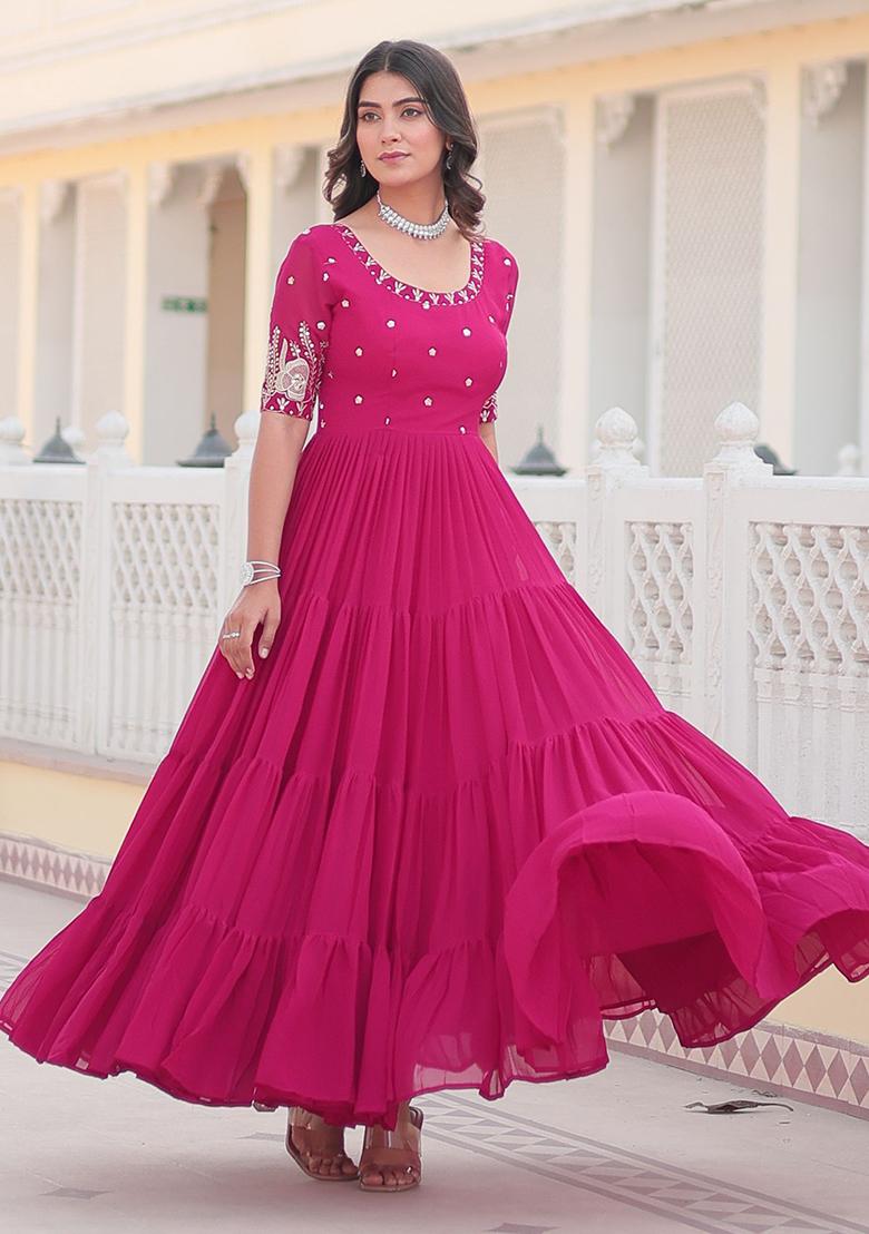 Pink Embroidered Georgette Anarkali Set