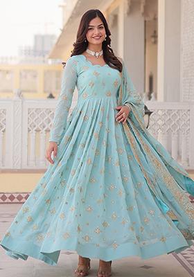 Sky Blue Sequin Embroidered Georgette Anarkali Set