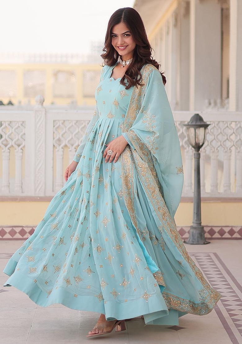 Sky Blue Sequin Embroidered Georgette Anarkali Set