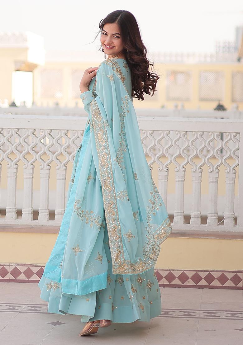 Sky Blue Sequin Embroidered Georgette Anarkali Set