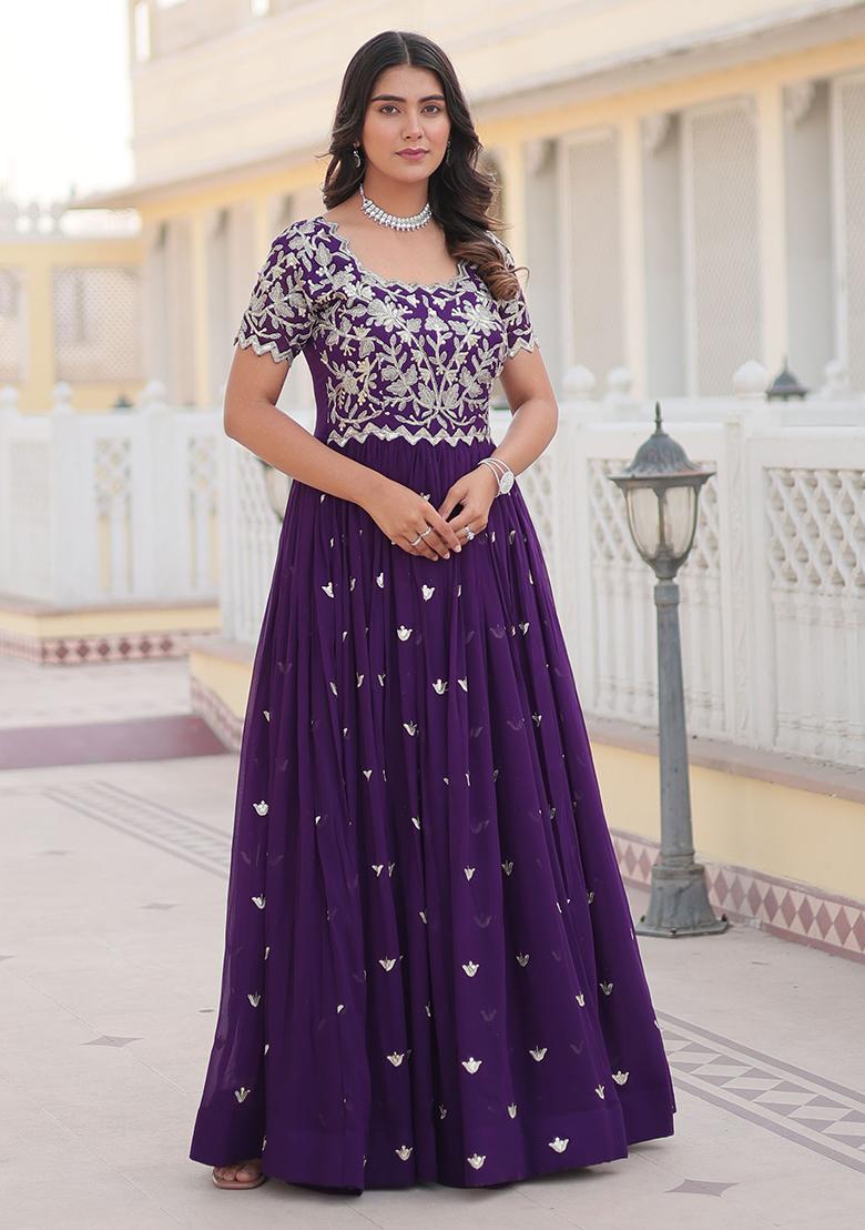 Purple Embroidered Georgette Anarkali Set
