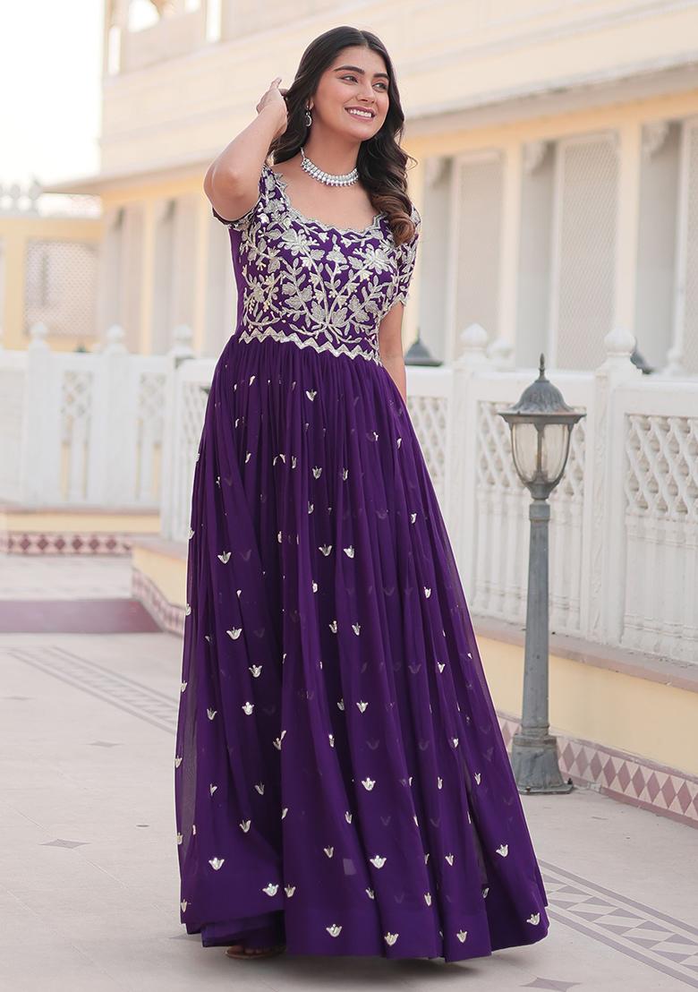 Purple Embroidered Georgette Anarkali Set