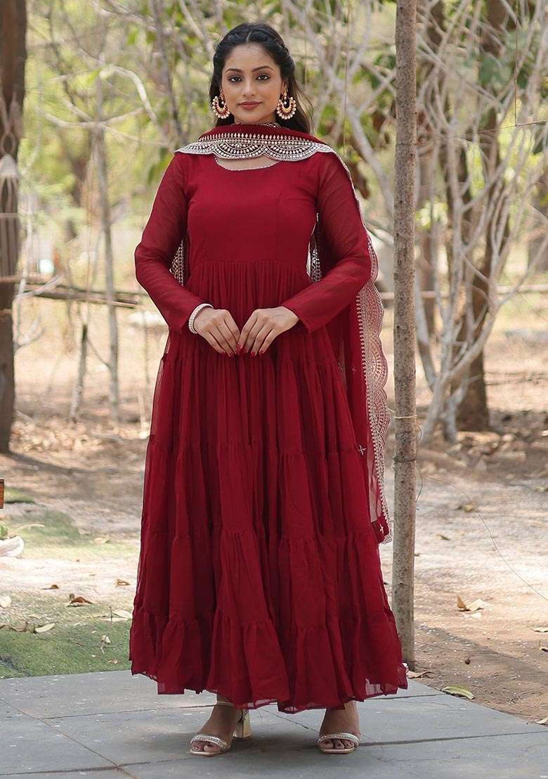 Maroon Embroidered Georgette Anarkali With Dupatta - Indya