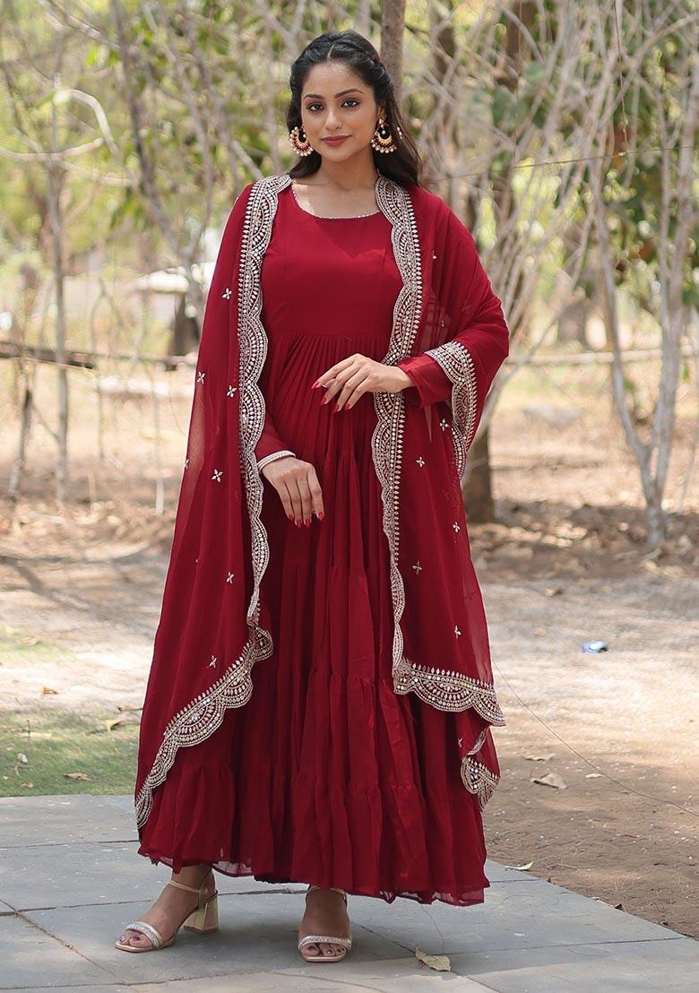 Maroon Embroidered Georgette Anarkali Set