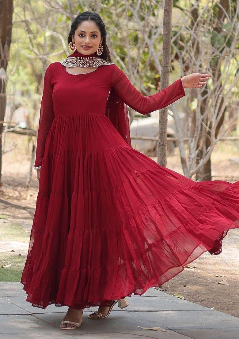 Maroon Embroidered Georgette Anarkali With Dupatta - Indya