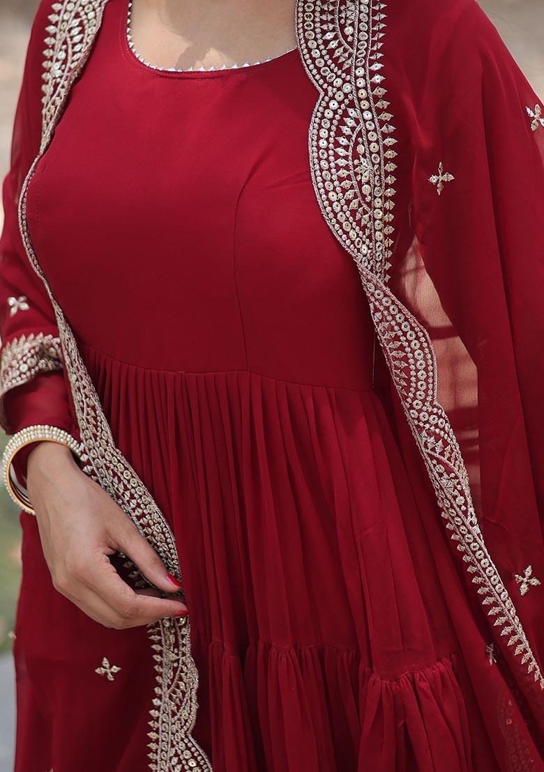 Maroon Embroidered Georgette Anarkali Set