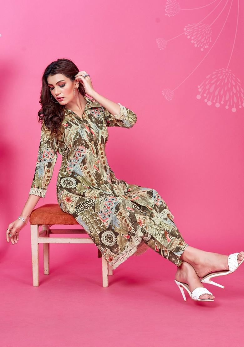 Brown Digital Print Rayon Fusion Set