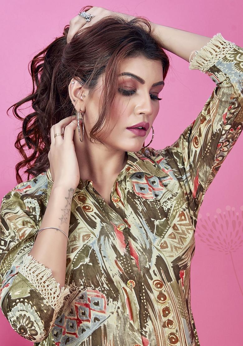 Brown Digital Print Rayon Fusion Set