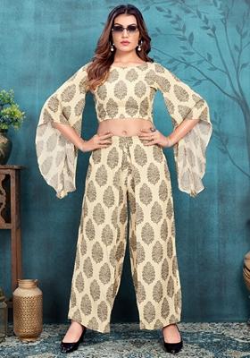 Beige Digital Print Silk Fusion Set