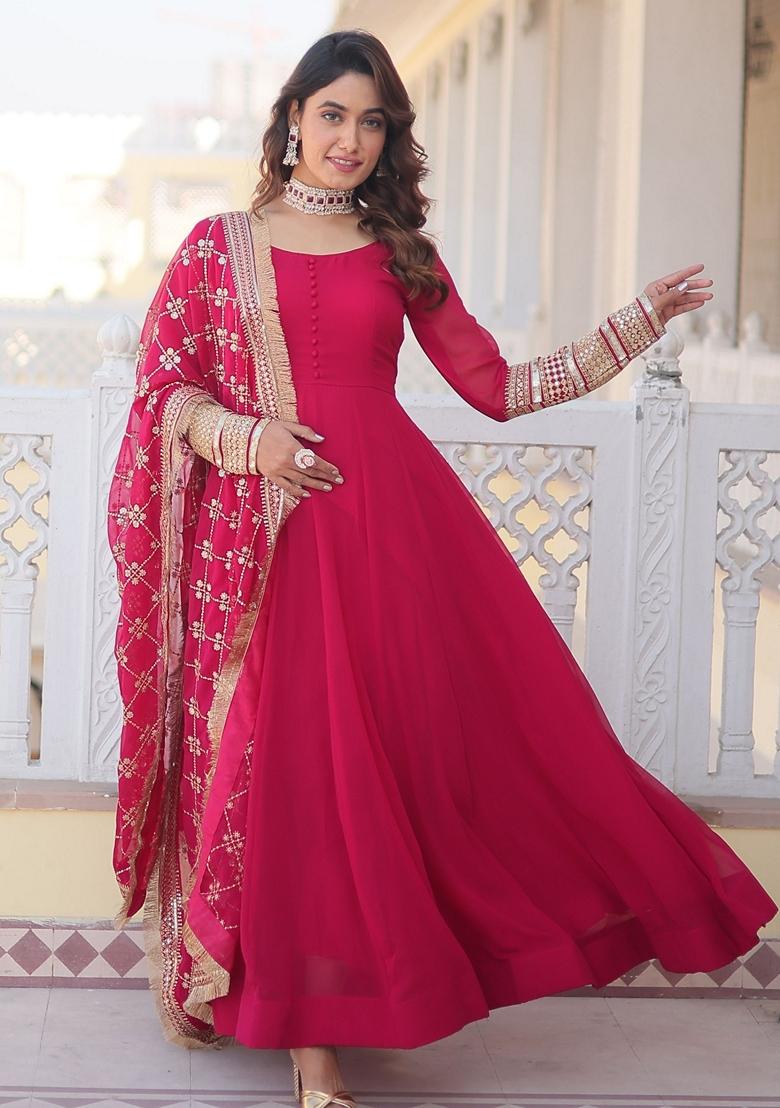 Pink Embroidered Georgette Anarkali Set