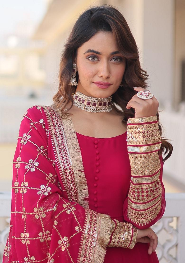 Pink Embroidered Georgette Anarkali Set