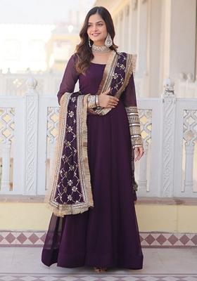 Purple Embroidered Georgette Anarkali Set