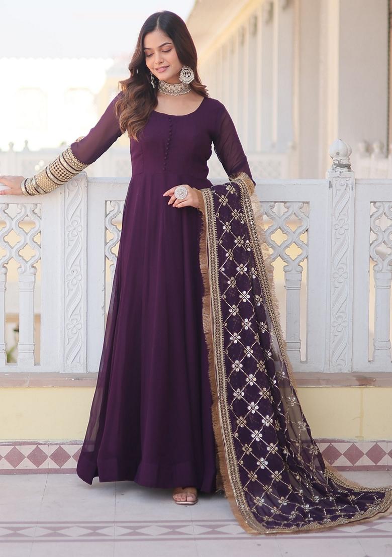 Purple Embroidered Georgette Anarkali Set